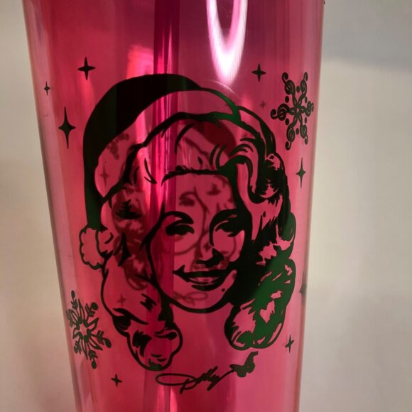 Dolly Parton Christmas 21.5 oz Pink Plastic Tumbler with Straw Green Lid New - Picture 6 of 16